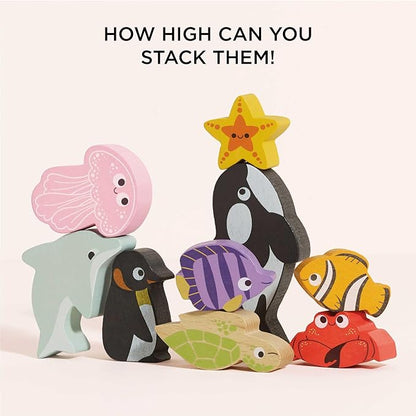 Le Toy Van - Wooden Toys - Petilou Baby & Toddler - Ocean Animal Building Blocks Stacker & Bag - Educational Balancing Activity Toy - Wooden Blocks Aquatic Animal Toys - Kids Toys Age 18 Months+