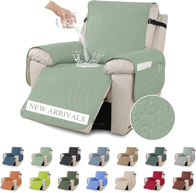 XINEAGE 100% Waterproof Recliner Chair Covers with Elastic Straps, Nonslip Reclining Couch Covers Washable Recliner Couch Cover with Pockets Furniture Protector for Pets Dogs (Mint Green, 23")