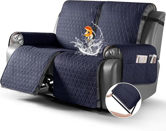 TAOCOCO 100% Waterproof Loveseat Recliner Cover-Recliner Cover with Non-Slip Granule, Recliner Chair Covers with Elastic Band,Washable Recliner Chair/Protector for Pets(Dark Blue, 2 Seater)