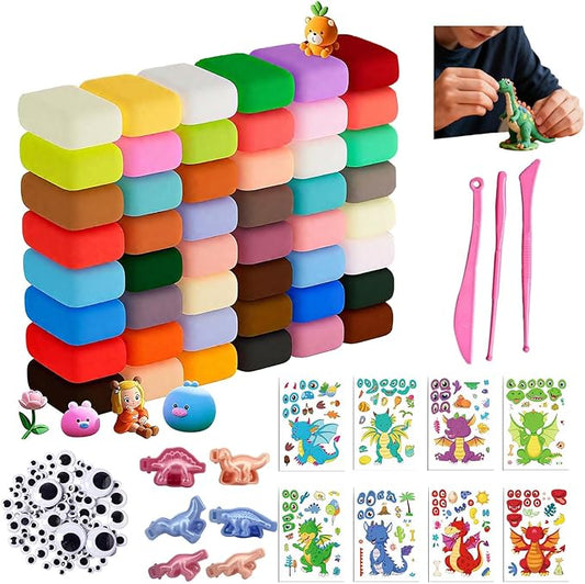 Adult Air Dry Clay Kit 48 Colors,8 Dinosaur Sticker Sheets,3 Sculpting Tools,20 Assorted Adhesive Eyes&6 Dinosaur Molds,Soft Lightweight Modeling Clay for DIY Sculpting, Handcraft Creation for adult