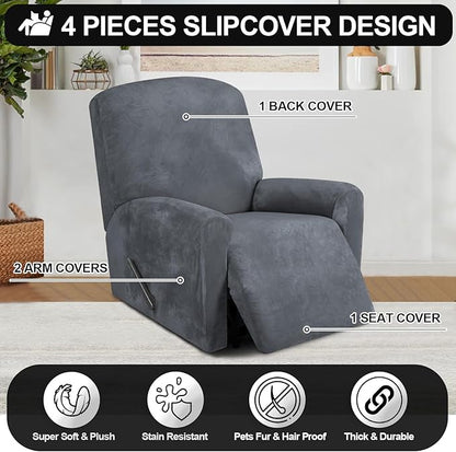 FestiCorp Recliner Chair Covers Real Velvet 4-Pieces Recliner Covers for Small Lazy Boy Recliner Chair Stretch Recliner Sofa Slipcovers Furniture Protector with Side Pocket & Elastic Bottom, Grey