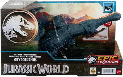 Mattel Jurassic World Wild Roar Dinosaur Toy with Sound & Attack Move, Gryposuchus Posable Action Figure Includes Digital Play, 11 inches Long
