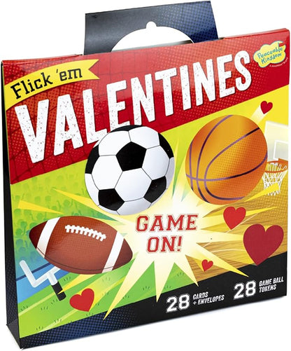 Peaceable Kingdom Valentines Cards for Kids Classroom, Set of 28 Valentines Day Gifts - Flick 'em Sports Games