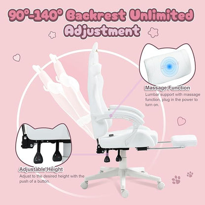 Dowinx Gaming Chair Cute with Cat Ears and Massage Lumbar Support, Ergonomic Computer Chair for Girl with Footrest and Headrest, Comfortable Reclining Game Chair 290lbs for Adult, Teen, White