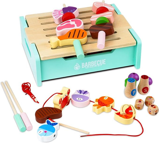 Wooden Grill Playset for Kids 3 Years Old,Children BBQ Grill Playset,2025 New Upgrade Play Kitchen Toy Grill-Pink，chiristmas Gift for Kids