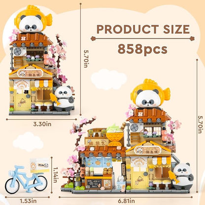 Finger Rock Street View Mini City Taiyaki Shop Building Set, Cute Panda Animals Building Toys Creative Architecture Set, Ideas Gifts for Adults Kids 8+ (858PCS)