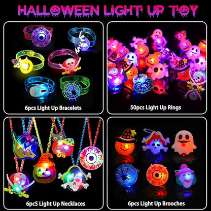 YUJUN 68PCS Halloween Light up Toys,Halloween Party Favors Flashing Ring Bracelets Necklace Glow in The Dark for Kids Halloween Treats Games Prizes Candy Goodie Bag Fillers