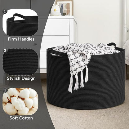 Goodpick Large Storage Basket, 23.5'' x 15.8'' Woven Storage Baskets, Cotton Rope Toy Storage for Kids Decorative Laundry for Home, Perfect for Living Room, 115L Black