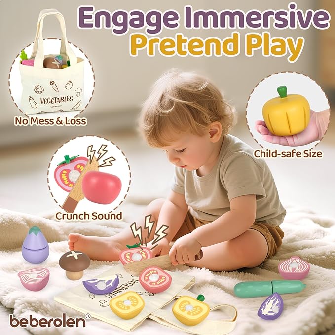 Play Food Sets for Kids Kitchen Wooden Food Toys for 3 Year Old Girl Boy Toddler Cutting Pretend Play Set Learning Toys Birthday Gift 1 2 3 Year Old Vegetables