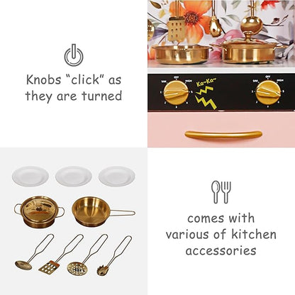 Wooden Play Kitchen Toy Set with Light, Kids Children Pretend Toy Kitchen Playset, Sink Play Toy Oven with Microwave,Toddler Cooking Set Toy for Ages 3+Baby Girls Boys (Pink)