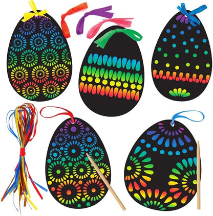 Koogel Easter Egg Scratch Art Set, 36 PCS Rainbow Scratch Art Mini Notes with Colorful Ribbon and Wooden Stick Crafts for Kids Party Favor Easter Decor Tree Decor