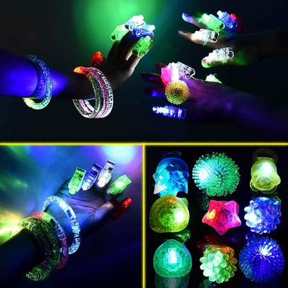 MIBOTE 83Pcs Led Light Up Toys Party Favors Glow in the Dark Party Supplies for Kid/Adults Halloween with 50 Finger Lights, 8 Jelly Rings,Flashing Glasses,Bracelets, Fiber Optic Hair Lights