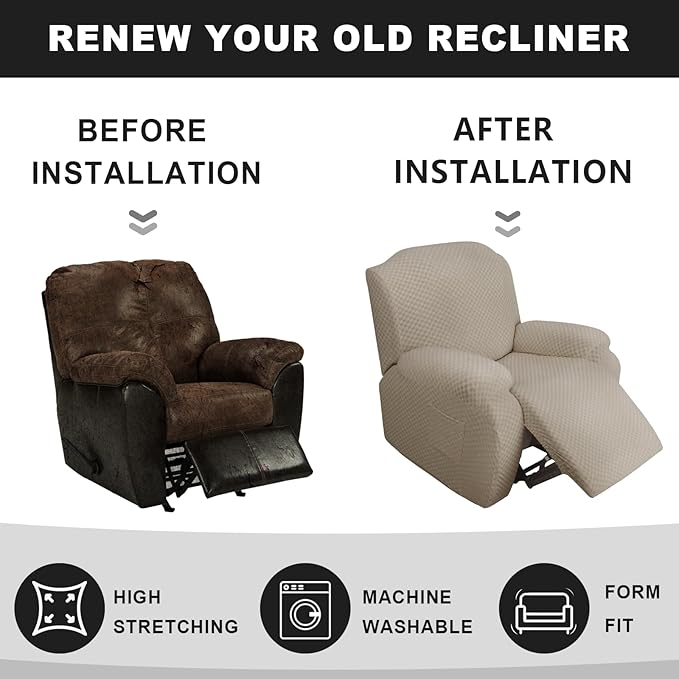 Stretch Jacquard Recliner Sofa Covers 3 Seat Soft Recliner Chair Covers Sofa Slipcover with Pocket and Elastic Bottom Furniture Protector for Kid,Pets（Checks,Khaki）