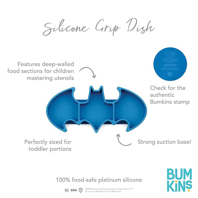 Bumkins Toddler and Baby Suction Plate, Silicone Grip Dish, Babies and Kids, Baby Led Weaning, Children Feeding Supplies, Non Skid Sticky Bottom, Platinum Silicone, Ages 6 Months Up, Batman Blue