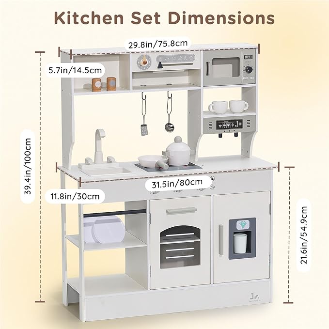 SainSmart Jr. Kitchen for Kids, Wooden Play Kitchen with Toy Storage System, Toy Kitchen Set with Plenty of Play Features, Kids Play Kitchen Designed, Gift for Ages 3+ White