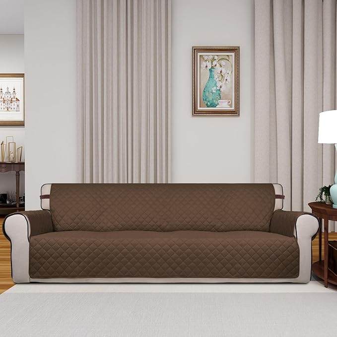 PureFit Reversible Quilted Sofa Cover, Water Resistant Slipcover Furniture Protector, Washable Couch Cover with Non Slip and Elastic Straps for Kids, Dogs, Pets (4 Seater Sofa, Coffee/Ivory)