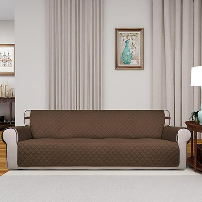 PureFit Reversible Quilted Sofa Cover, Water Resistant Slipcover Furniture Protector, Washable Couch Cover with Non Slip and Elastic Straps for Kids, Dogs, Pets (4 Seater Sofa, Coffee/Ivory)