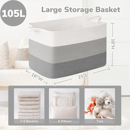 Goodpick 105L Extra Large Blanket Basket 25" x 16" x 16" Cotton Rope Storage Bins for Dirty Clothes Pillows, Decorative Woven Basket with Handles, Toy Baskets Storage Kids, Gray