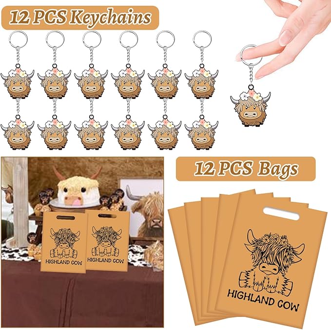 Highland Cow Party Favors Highland Cow Theme Slap Bracelets Key Chains Badges Temporary Tattoo Stickers Gift Bags for Kids Highland Cattle Farm Animal Birthday Party Supplies Baby Shower