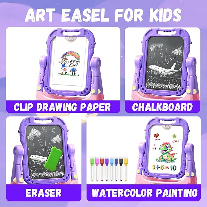 Art Easel for Kids with Magnetic Drawing Board, Double Sided Easel with Magnetic Letters & Numbers Easel, Adjustable Standing Easel for Toddler, Creative Play for Kids