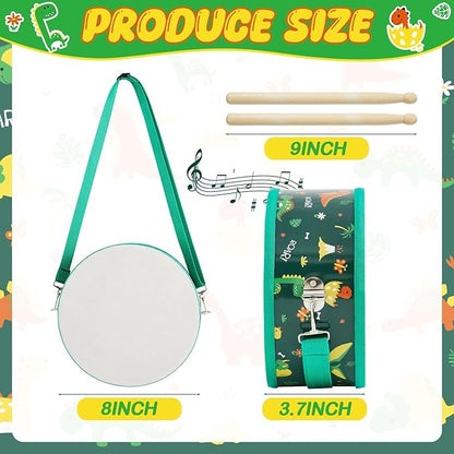 Boao 1 PC Kids Drum Set, 8 Inch Toddler Drum Wooden Toy with Adjustable Strap and 2 Drumsticks, Educational Sensory Musical Instrument for Toddlers Kid Baby Boys Girls Gift(Dinosaur)