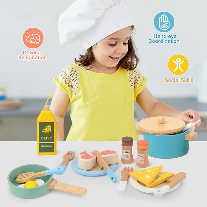 Wooden Play Kitchen Accessories for Toddlers, Kids Pretend Play Pots and Pans Food Dishes Utensils Cooking Toy Set, 20 Pieces Montessori Kitchen Tools Gifts for Boys Girls Ages 3 4 5 6 Years Old
