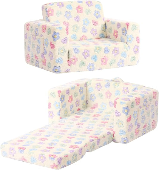 Tiita Kids Sofa, 2-in-1 Kids Sofa Chair, Convertible Children Couch to Lounger, Flip Out Kids Sofa Chair, Toddler Armrest Chair Bed, Folding Kids Play Sofa for Girl or Boy, White Flower