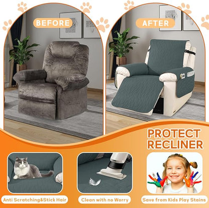 XINEAGE 100% Waterproof Recliner Chair Covers with Elastic Straps, Nonslip Reclining Couch Covers Washable Recliner Couch Cover with Pockets Furniture Protector for Pets Dogs (Dark Gray, 25")