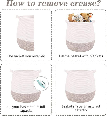 Large Cotton Rope Basket, Woven Storage Basket for Toy, Laundry and Blanket Organizer, Round Hamper Basket with Handles for Kid's Room 17.7"x16.9"