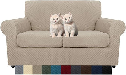 MAXIJIN 3 Piece Jacquard Couch Covers for 2 Cushion Couch Stretch Non Slip Love Seat Couch Cover for Dogs Pet Friendly Elastic Furniture Protector Loveseat Slipcovers (Loveseat, Khaki)