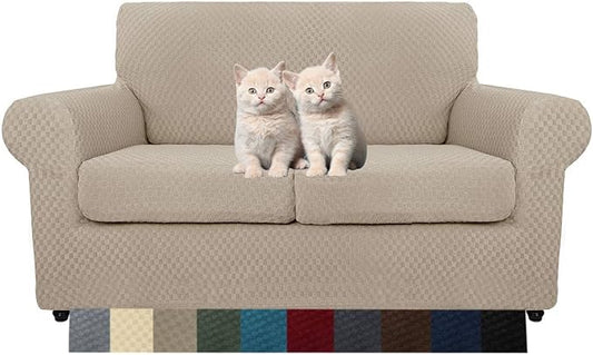 MAXIJIN 3 Piece Jacquard Couch Covers for 2 Cushion Couch Stretch Non Slip Love Seat Couch Cover for Dogs Pet Friendly Elastic Furniture Protector Loveseat Slipcovers (Loveseat, Khaki)