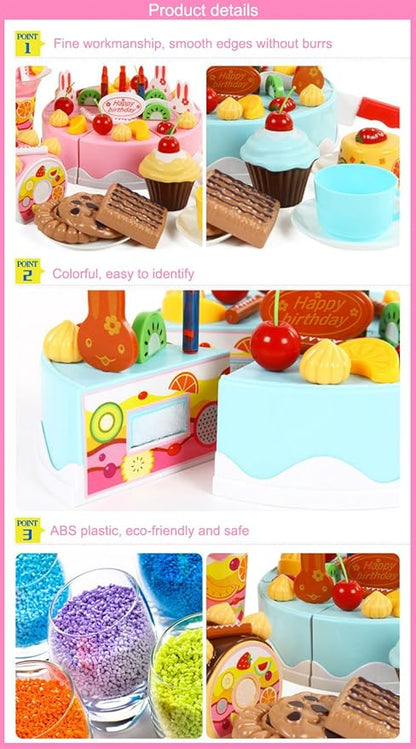 75PCS Birthday Cake Toy DIY Cutting Cake Play Set Kids Play Kitchen Food Pretend Play Cake Toy Best for Girls Birthday Party Gift (75PCS Blue)