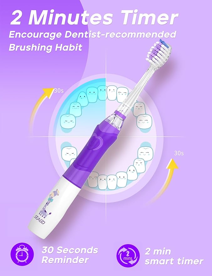 SEAGO Kids Electric Toothbrush with 2 Mins Brushing Timer and 8 Replacement Bursh Heads,Rainbow LED Light Make Brushing Fun, Blue Color Boys Battery Powerd Toothbrush for 4-12 Years Old