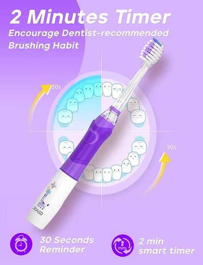 SEAGO Kids Electric Toothbrush with 2 Mins Brushing Timer and 4 Replacement Bursh Heads,Rainbow LED Light Make Brushing Fun, Purple Color Girls Battery Powerd Toothbrush for 4-12 Years Old，SG-977