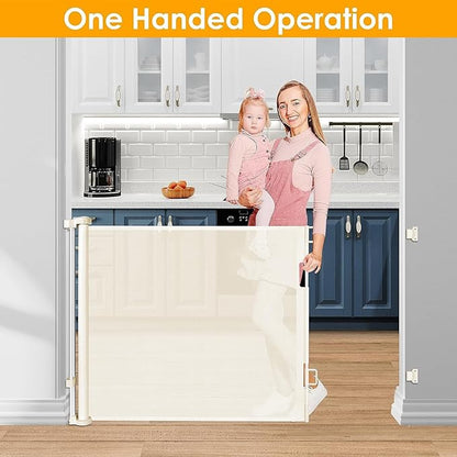 60 Inch Retractable Baby Gate Mesh Dog Gates for The House Pet Gates for Dogs Child Gates for Doorways Outdoor Gates for Decks Stair Gates for Kids or Pets Indoor Gate for Dogs Toddler Gate (Beige)