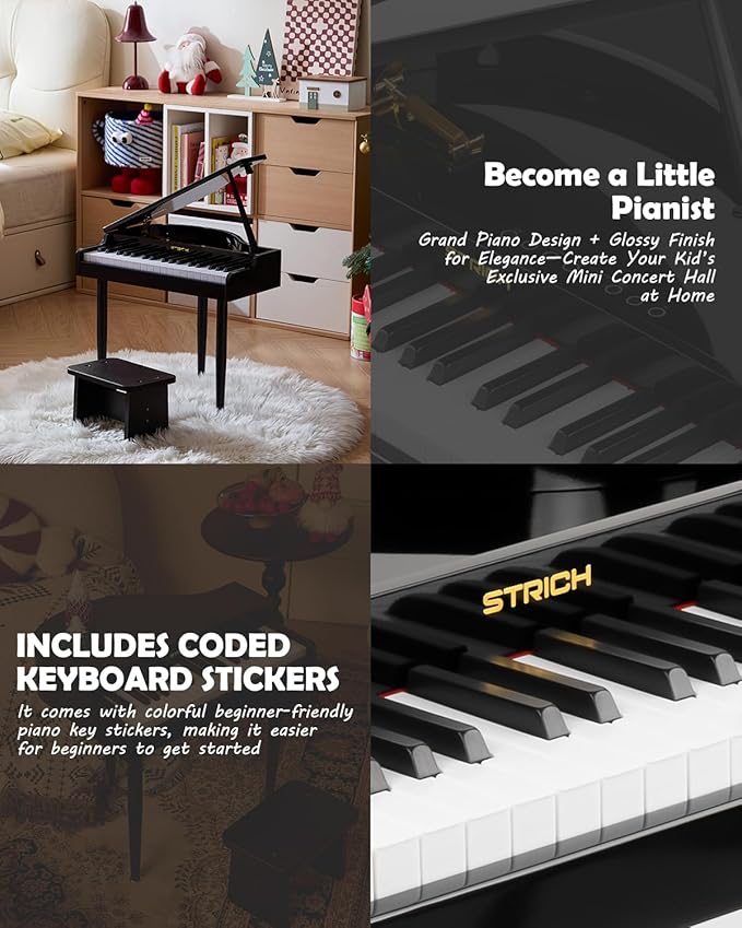 STRICH 37 Keys Kids Piano Keyboard Set, Mini Grand Digital Piano for Kids with Stand Chair, Wood Piano for 3+ Girls and Boys, Classic Black, SEK-60