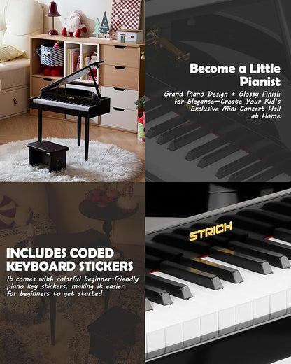 STRICH 37 Keys Kids Piano Keyboard Set, Mini Grand Digital Piano for Kids with Stand Chair, Wood Piano for 3+ Girls and Boys, Classic Black, SEK-60