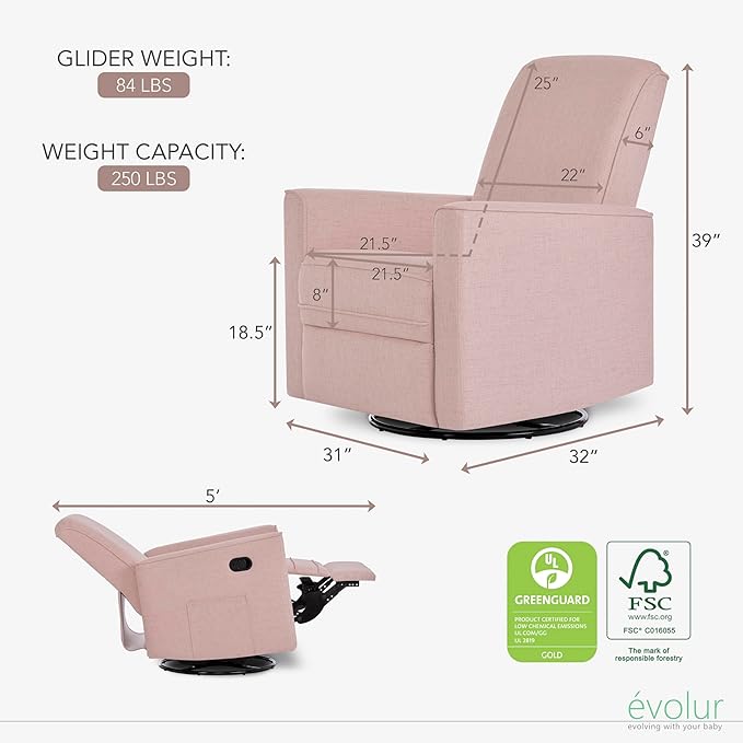 Evolur Raleigh Glider in Rose, Upholstered Plush Seating 360° Swivel Glider Rocking Chair, FSC Certified, Greenguard Gold & JPMA Certified Nursery Glider Recliner