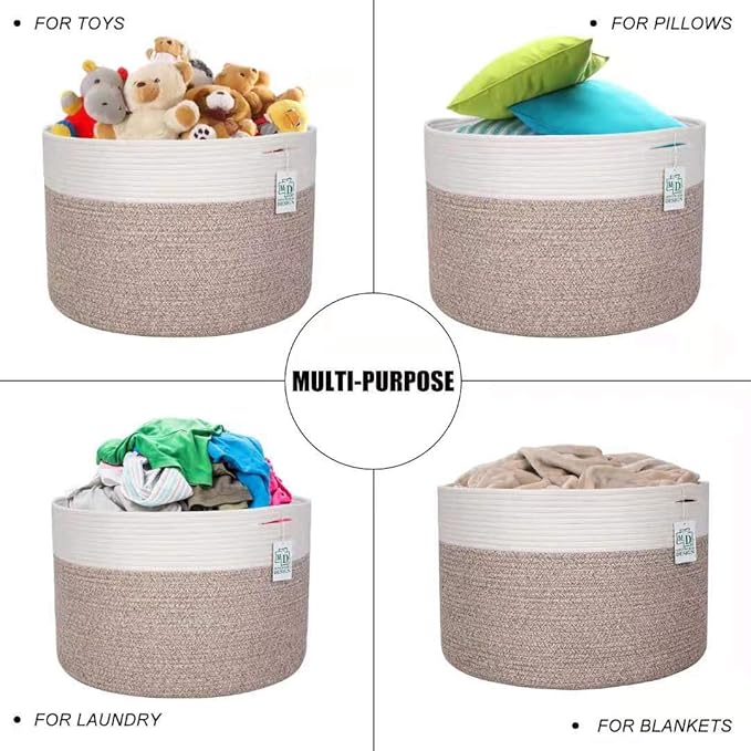 MINTWOOD Design Extra Large 22 x14 Inches Decorative Woven Cotton Rope Blanket Storage Basket Bin Living Room and Laundry Hamper for Pillows, Pool Towels, Dog Toys, Shoes, Light Brown