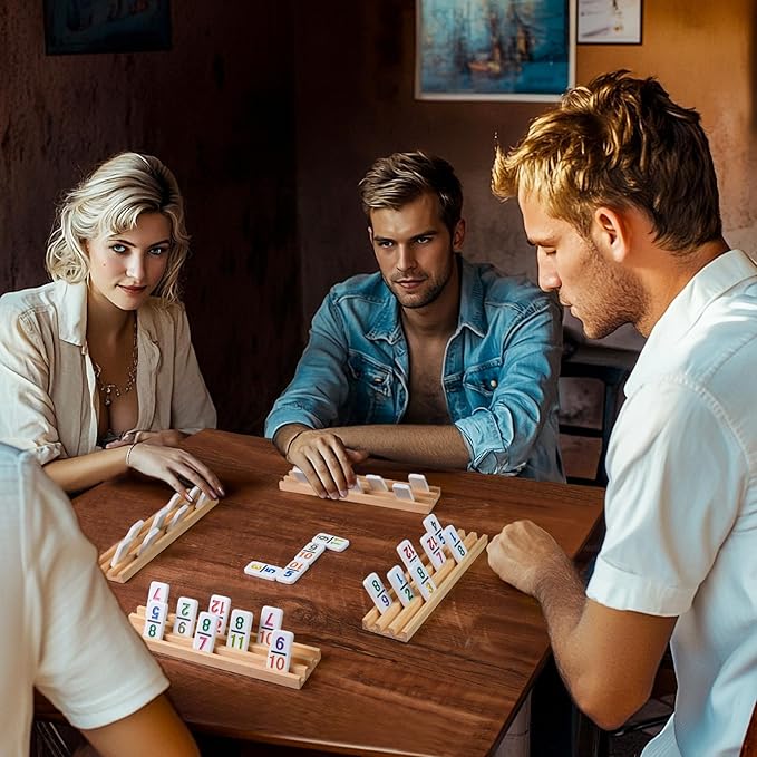 Mexican Train Dominoes Set with 4 Wooden Trays/Racks and Portable Carrying Case,Travel Colorful Double 12 Dominoes - 91 Numbered Tiles,for Kids and Adults