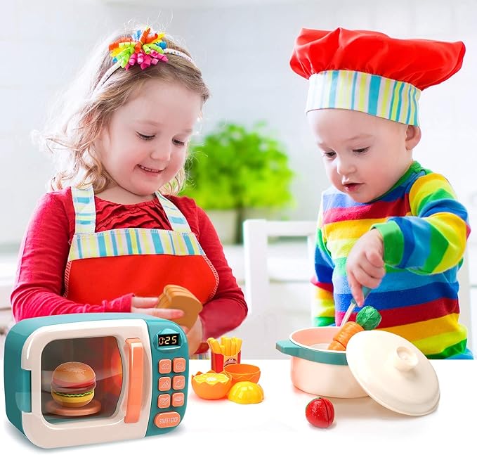 CUTE STONE Microwave Toys Kitchen Play Set, Kids Pretend Play Electronic Oven with Play Food, Kids Cookware Pot and Pan Toy Set, Cooking Utensils,Great Learning Kitchen Toys for Girls Boys