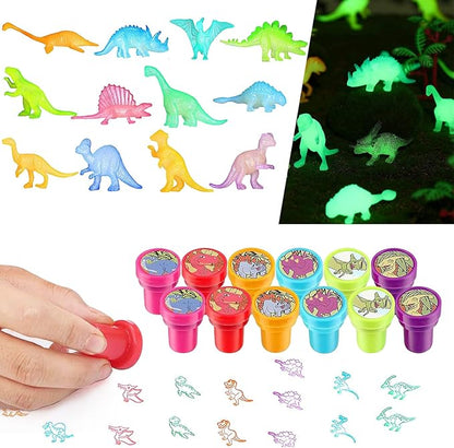 MOVINPE Dinosaur Party Favors Personalize Goody Cups with Gift Tags, Filled with Dinosaur Themed Reusable Straws Stampers Luminous Dinos Figure Slap Bracelets Keychains Rings 3D Stickers for Kids