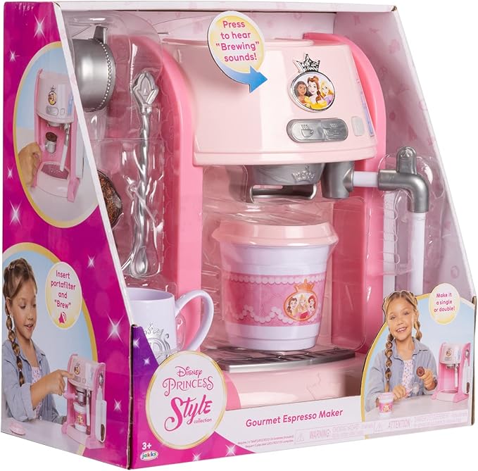 Disney Princess Style Collection Toy Espresso Machine for Kids, Coffee Maker Play Kitchen Accessories Gift for Girls & Kids