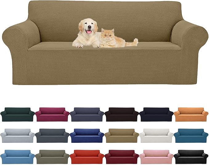 2025 New Stretch Sofa Slipcovers Couch Cover for 3 Cushion Furniture Protector Sofa Covers with Elastic Bottom Jacquard Fabric Small Checks for Pets, Kids -Sofa, Tan