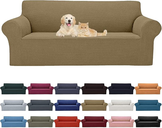 2025 New Stretch Sofa Slipcovers Couch Cover for 3 Cushion Furniture Protector Sofa Covers with Elastic Bottom Jacquard Fabric Small Checks for Pets, Kids -Sofa, Tan