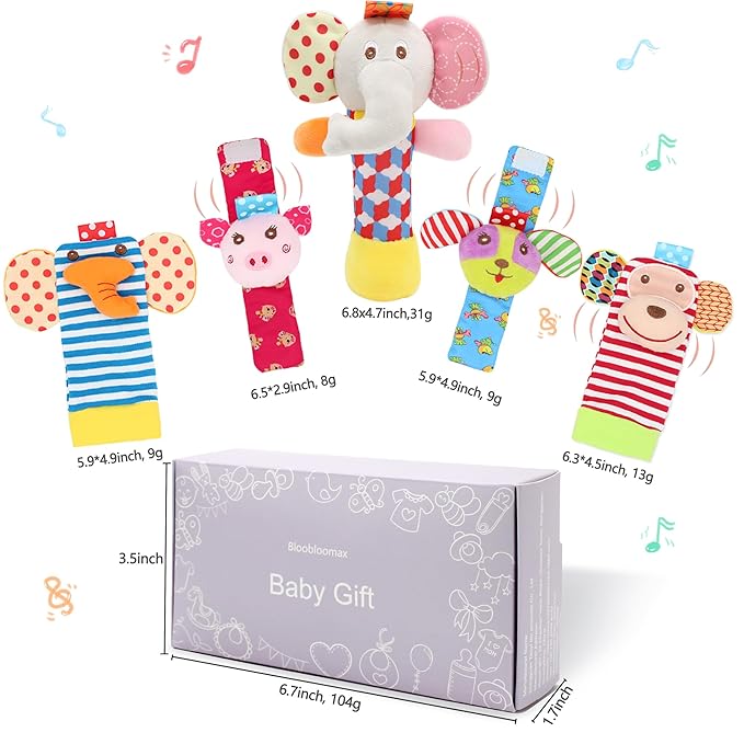 Bloobloomax Wrist Rattles Foot Finder Rattle Sock Baby Toy, Rattle Toy, Arm Hand Bracelet Rattle, Feet Leg Ankle Socks, Activity Rattle Present Gift for Newborn Infant Babies Boy Girl (5pcs-D)