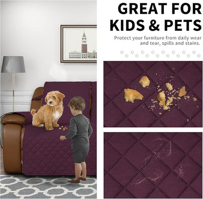 Easy-Going Recliner Sofa Cover, Reversible Couch Cover for 3 Seat Recliner, Split Sofa Cover for Each Seat, Furniture Protector with Elastic Straps for Kids, Dogs, Pets(3 Seater, Wine/Beige)