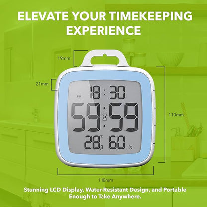 BALDR Digital Bathroom Clock with Timer - Waterproof Shower Clock with Time and Temperature - Waterproof Shower Timer for Kids and Adults - Bathroom Timer, Digital Shower Clocks for Bathroom (Blue)