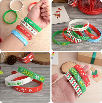 FEPITO 35 Pieces Christmas Wristband Silicone Wristbands Rubber Band for Christmas Party Decoration 7 Merry Xmas Patterns