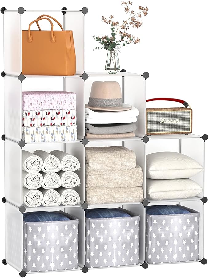 C&AHOME Cube Storage, 9-Cube Plastic Closet Cabinet Organizer, DIY Stackable Bookshelf, Modular shelving Units Ideal for Home, Office, Kids Room, 36.6"L x 12.4" W x 48.4" H Translucent White SBTM3009A